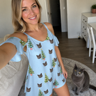 Selfie with the pet whose face is printed all over this Women's Spruce Spectacle Custom Cat Face Off-Shoulder Dress