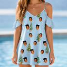Model wearing Women's Spruce Spectacle Custom Face Off-Shoulder Dress printed with kids' faces