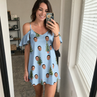 Real-life photo of someone wearing Women's Spruce Spectacle Custom Face Off-Shoulder Dress — custom faces printed all-over