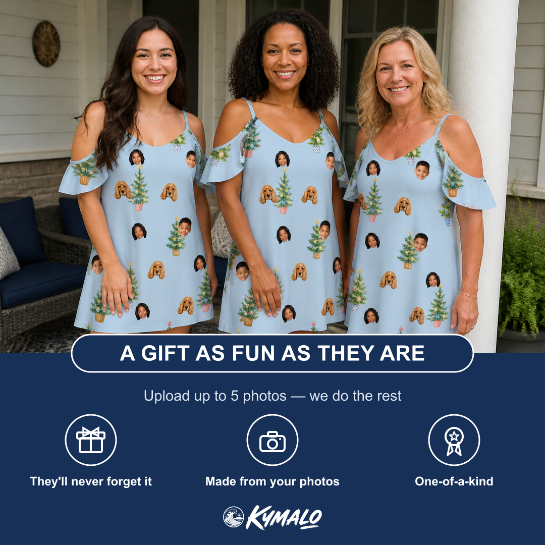 Friends in matching Women's Spruce Spectacle Custom Face Off-Shoulder Dress — a group gift photo