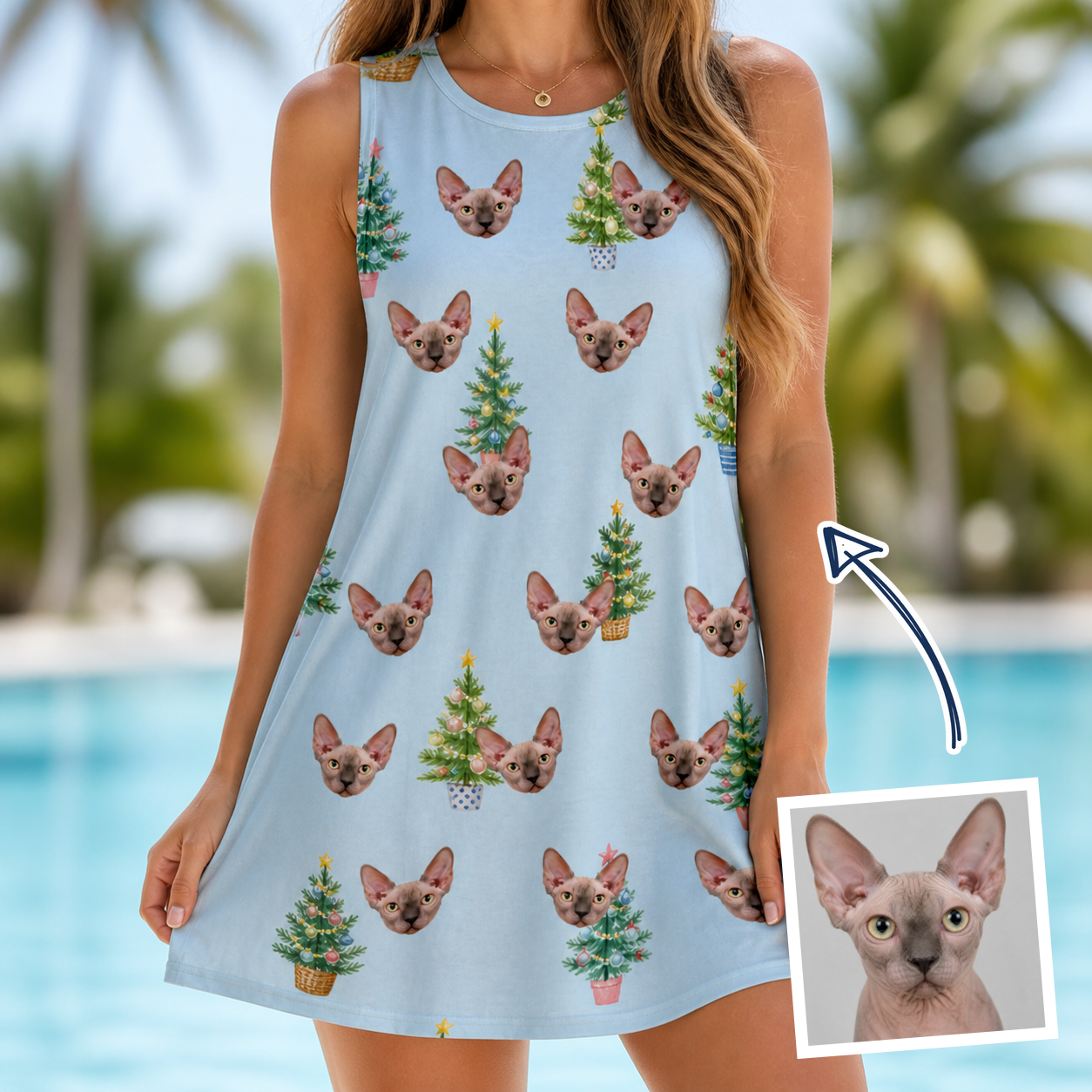 Woman wearing Women's Spruce Spectacle Custom Cat Face Tank Dress — custom faces printed all-over