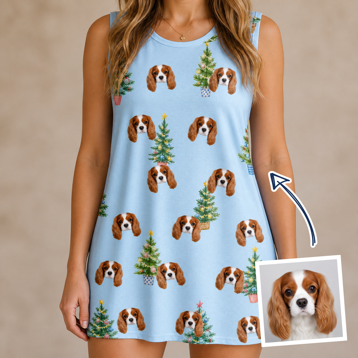 Woman wearing Women's Spruce Spectacle Custom Dog Face Tank Dress — custom faces printed all-over