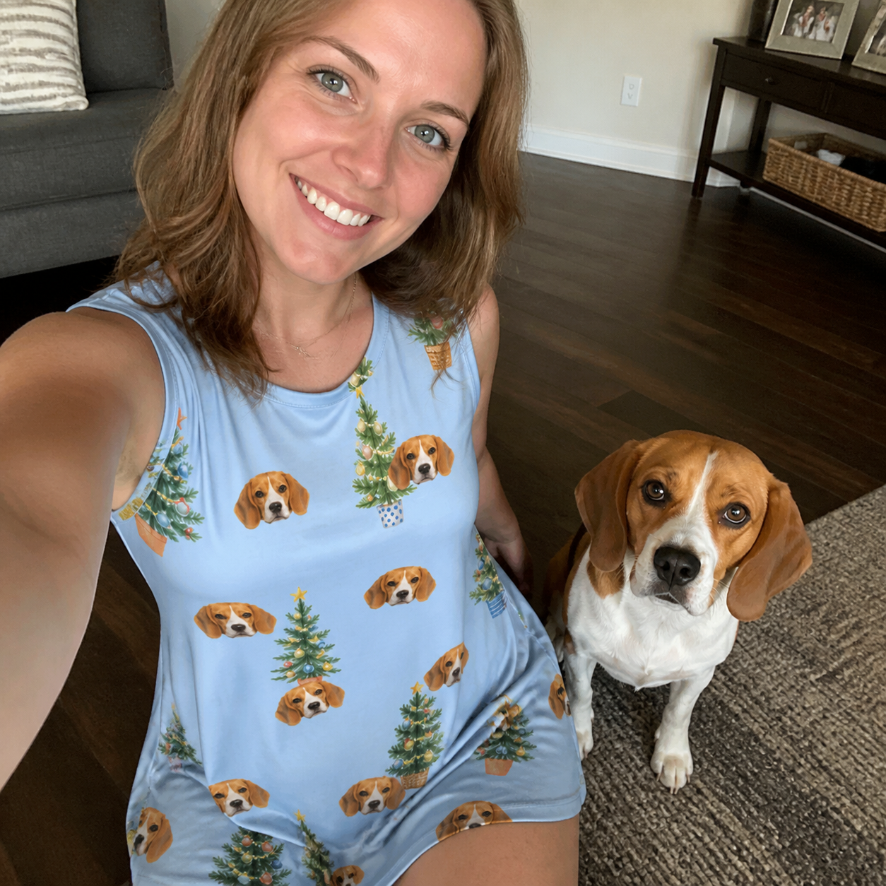 Selfie with the pet whose face is printed all over this Women's Spruce Spectacle Custom Dog Face Tank Dress