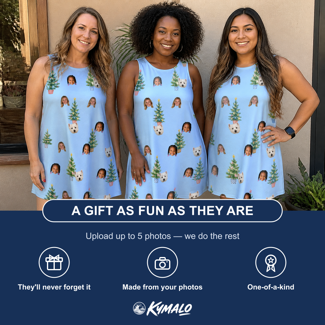 Friends in matching Women's Spruce Spectacle Custom Face Tank Dress — a group gift photo