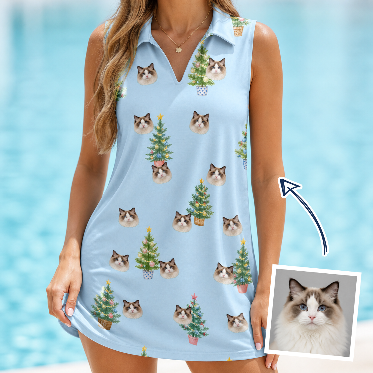 Woman wearing Women's Spruce Spectacle Custom Cat Face V-Neck Dress — custom faces printed all-over
