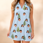 Model wearing Women's Spruce Spectacle Custom Face V-Neck Dress printed with kids' faces