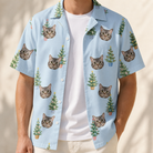 Man wearing Men's Spruce Spectacle Custom Cat Face Hawaiian Shirt open over a white tee