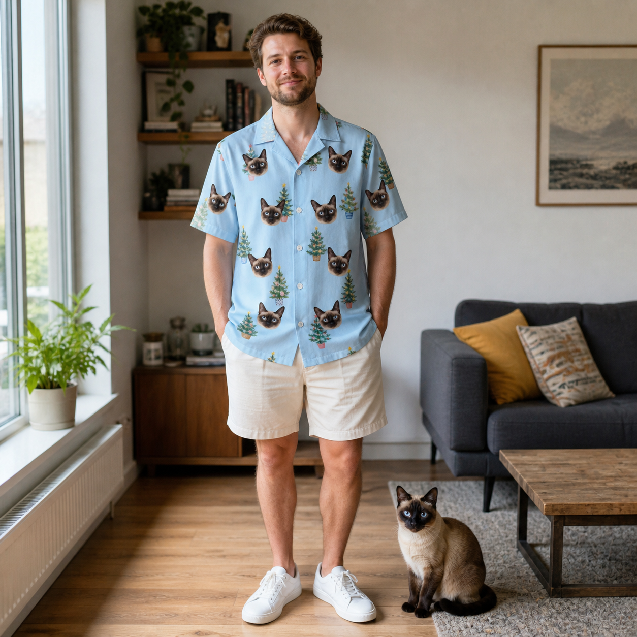 Full-length photo with the pet printed all over this Men's Spruce Spectacle Custom Cat Face Hawaiian Shirt