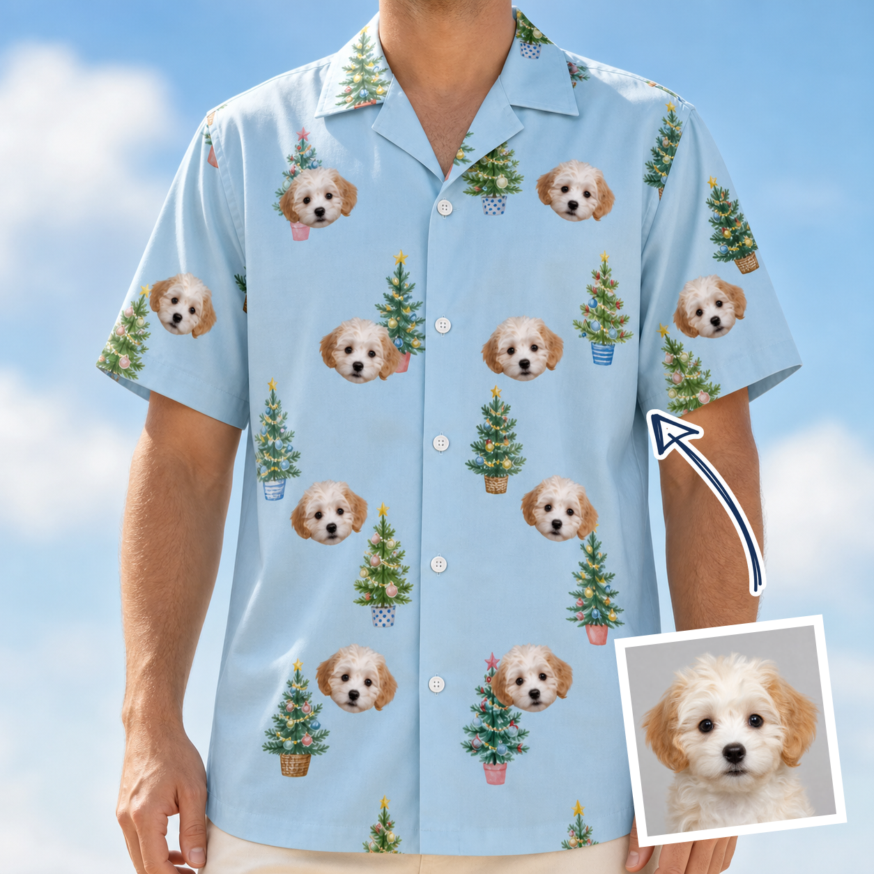 Man wearing Men's Spruce Spectacle Custom Dog Face Hawaiian Shirt — custom faces printed all-over