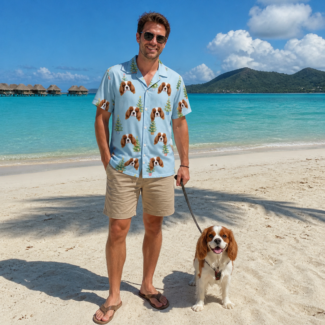 Full-length photo with the pet printed all over this Men's Spruce Spectacle Custom Dog Face Hawaiian Shirt