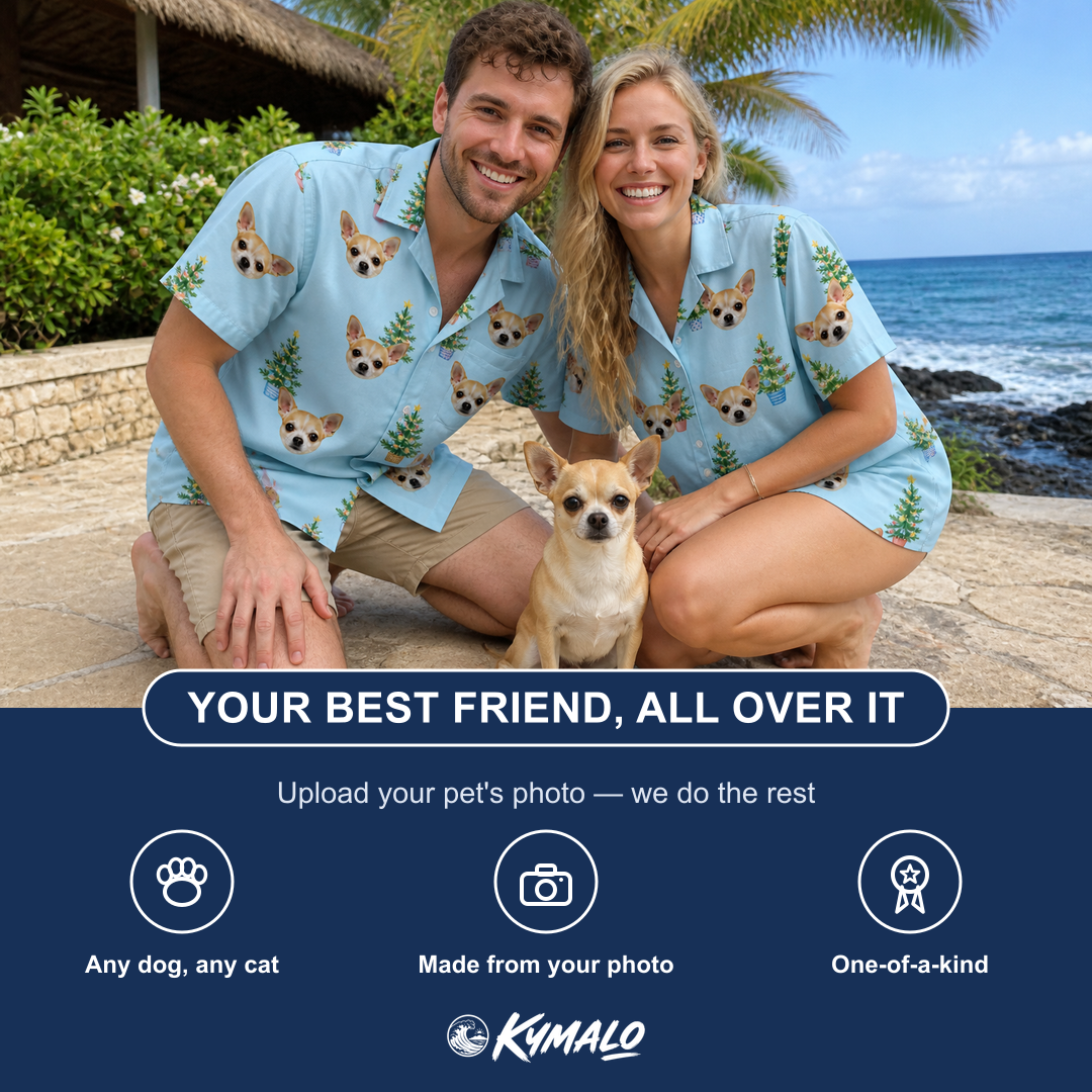 Friends in matching Men's Spruce Spectacle Custom Dog Face Hawaiian Shirt — a group gift photo
