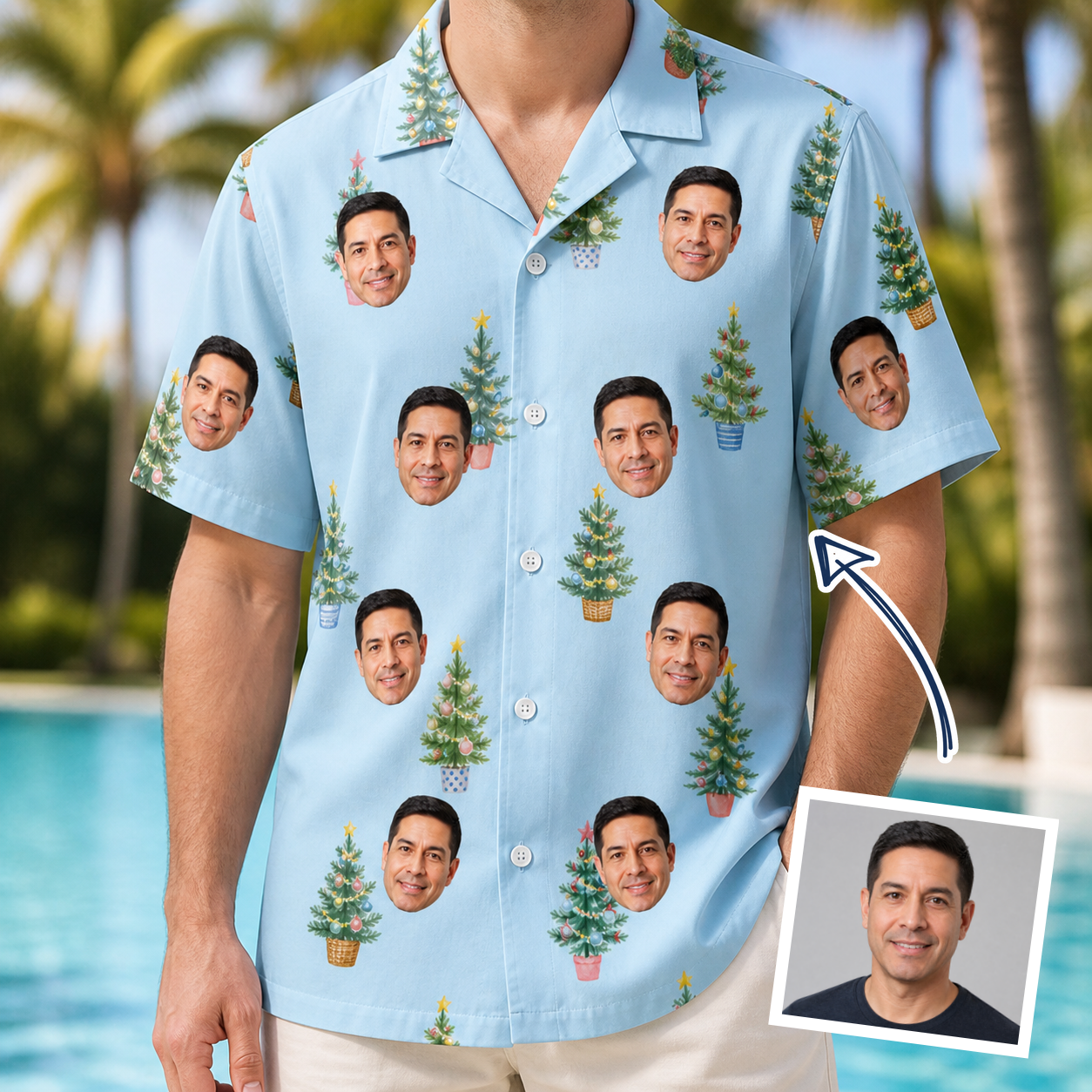 Man wearing Men's Spruce Spectacle Custom Face Hawaiian Shirt — custom faces printed all-over