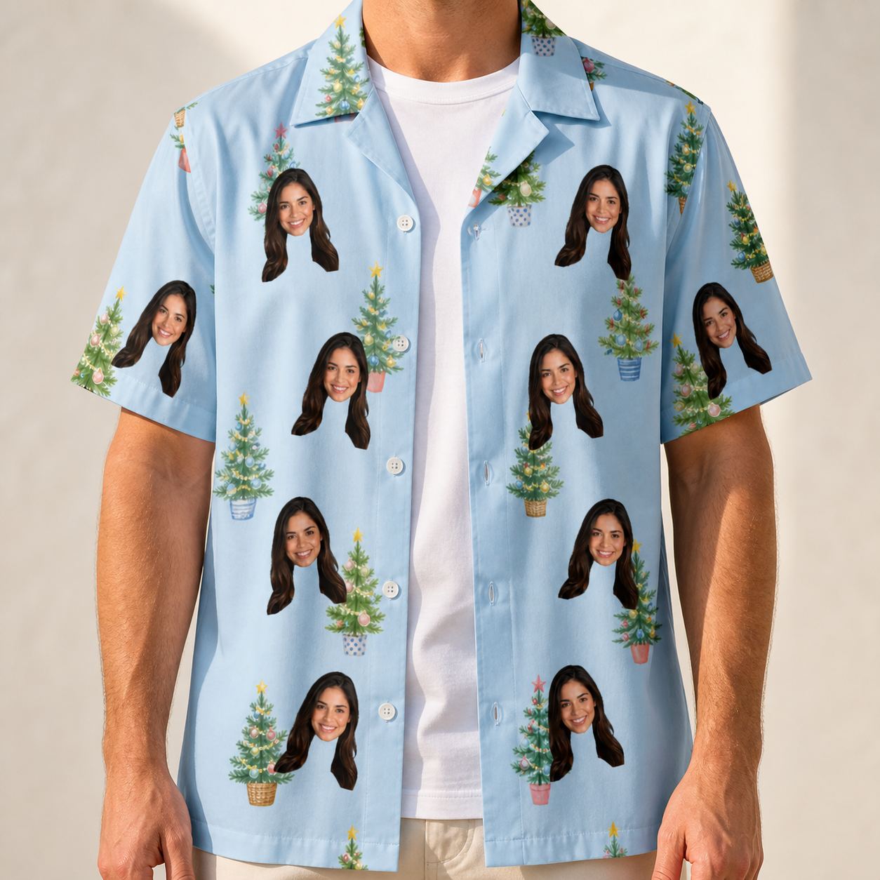 Man wearing Men's Spruce Spectacle Custom Face Hawaiian Shirt open over a white tee