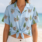 Woman wearing Women's Spruce Spectacle Custom Cat Face Hawaiian Shirt tied at the waist