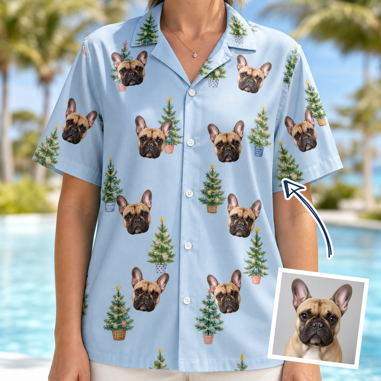 Woman wearing Women's Spruce Spectacle Custom Dog Face Hawaiian Shirt — custom faces printed all-over