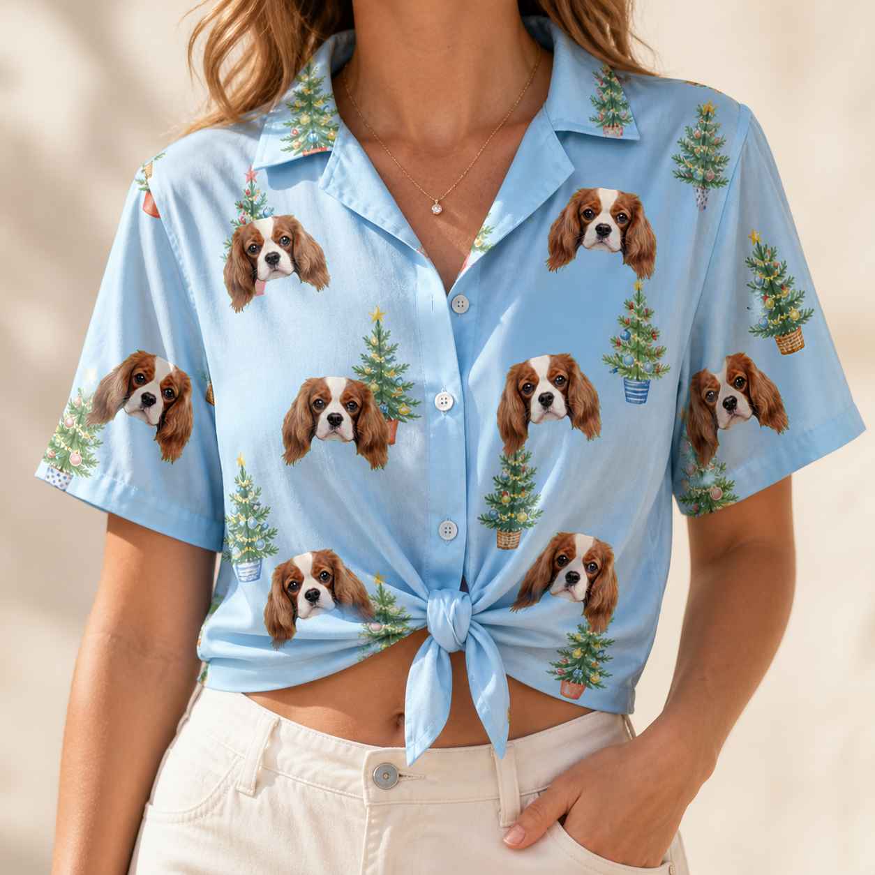 Woman wearing Women's Spruce Spectacle Custom Dog Face Hawaiian Shirt tied at the waist