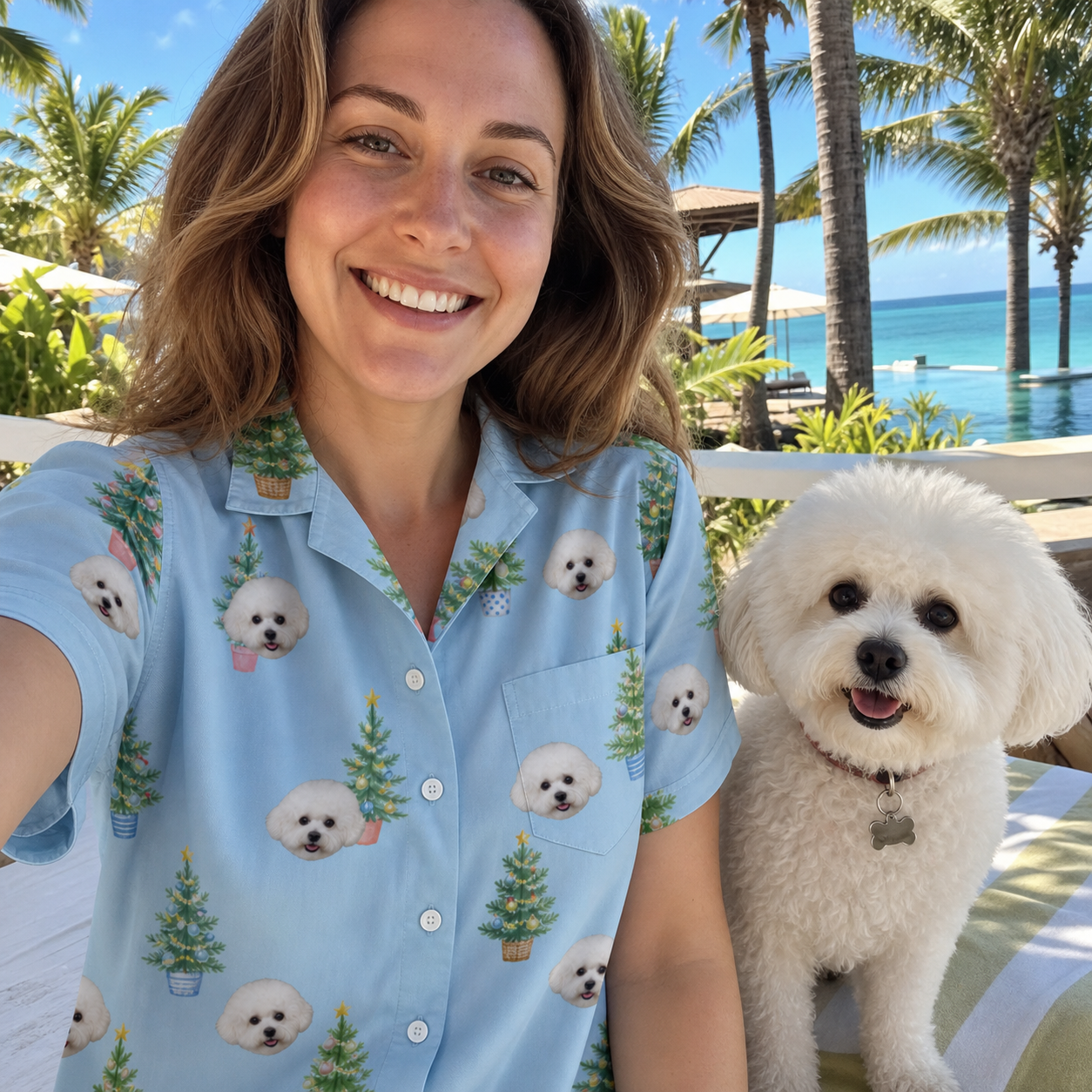 Selfie with the pet whose face is printed all over this Women's Spruce Spectacle Custom Dog Face Hawaiian Shirt