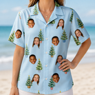Model wearing Women's Spruce Spectacle Custom Face Hawaiian Shirt printed with kids' faces