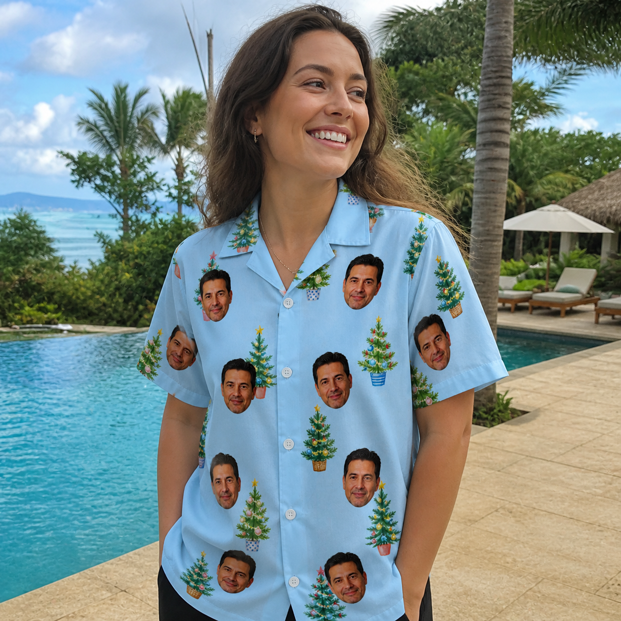 Real-life photo of someone wearing Women's Spruce Spectacle Custom Face Hawaiian Shirt — custom faces printed all-over