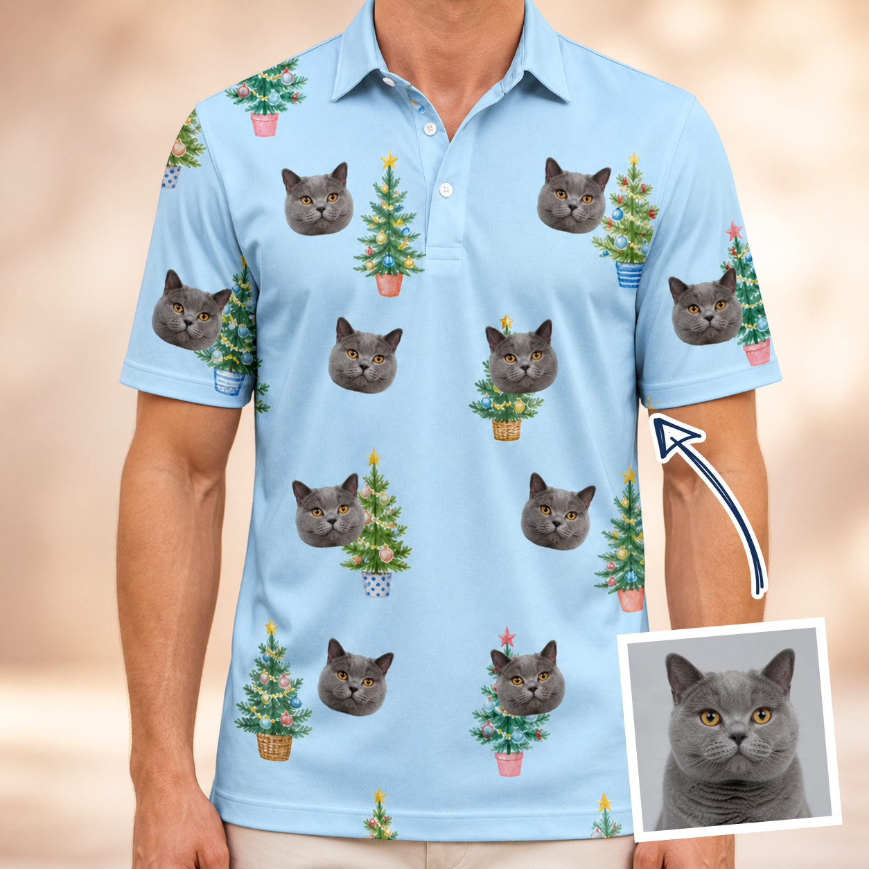 Man wearing Men's Spruce Spectacle Custom Cat Face Polo Shirt — custom faces printed all-over