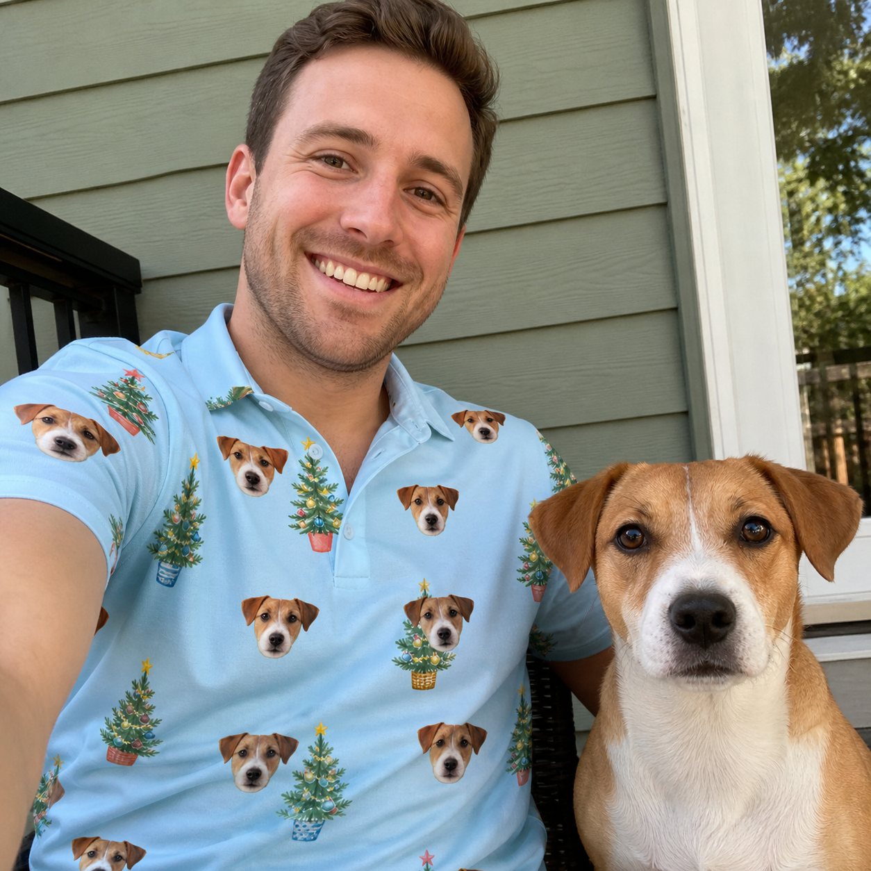 Selfie with the pet whose face is printed all over this Men's Spruce Spectacle Custom Dog Face Polo Shirt