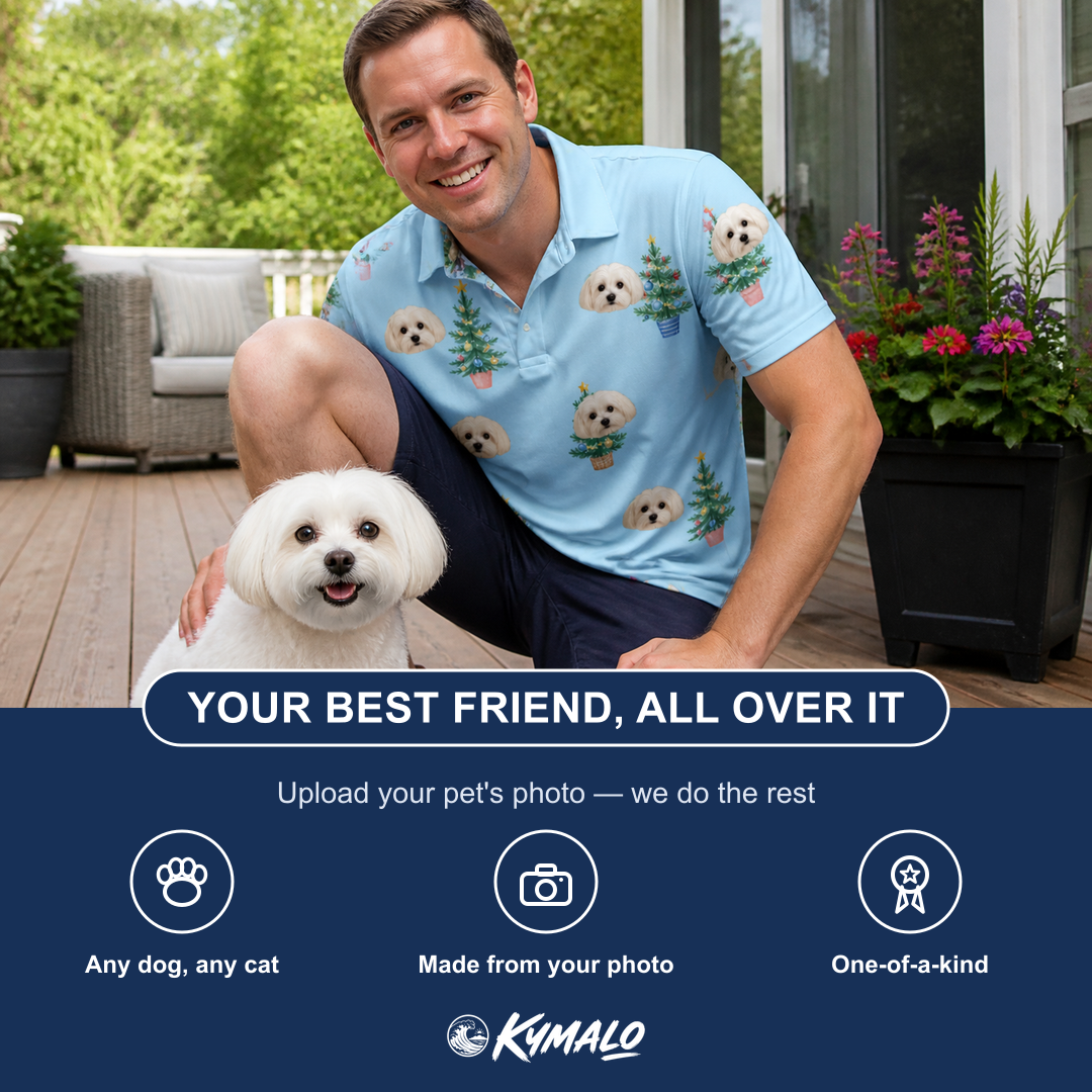Friends in matching Men's Spruce Spectacle Custom Dog Face Polo Shirt — a group gift photo