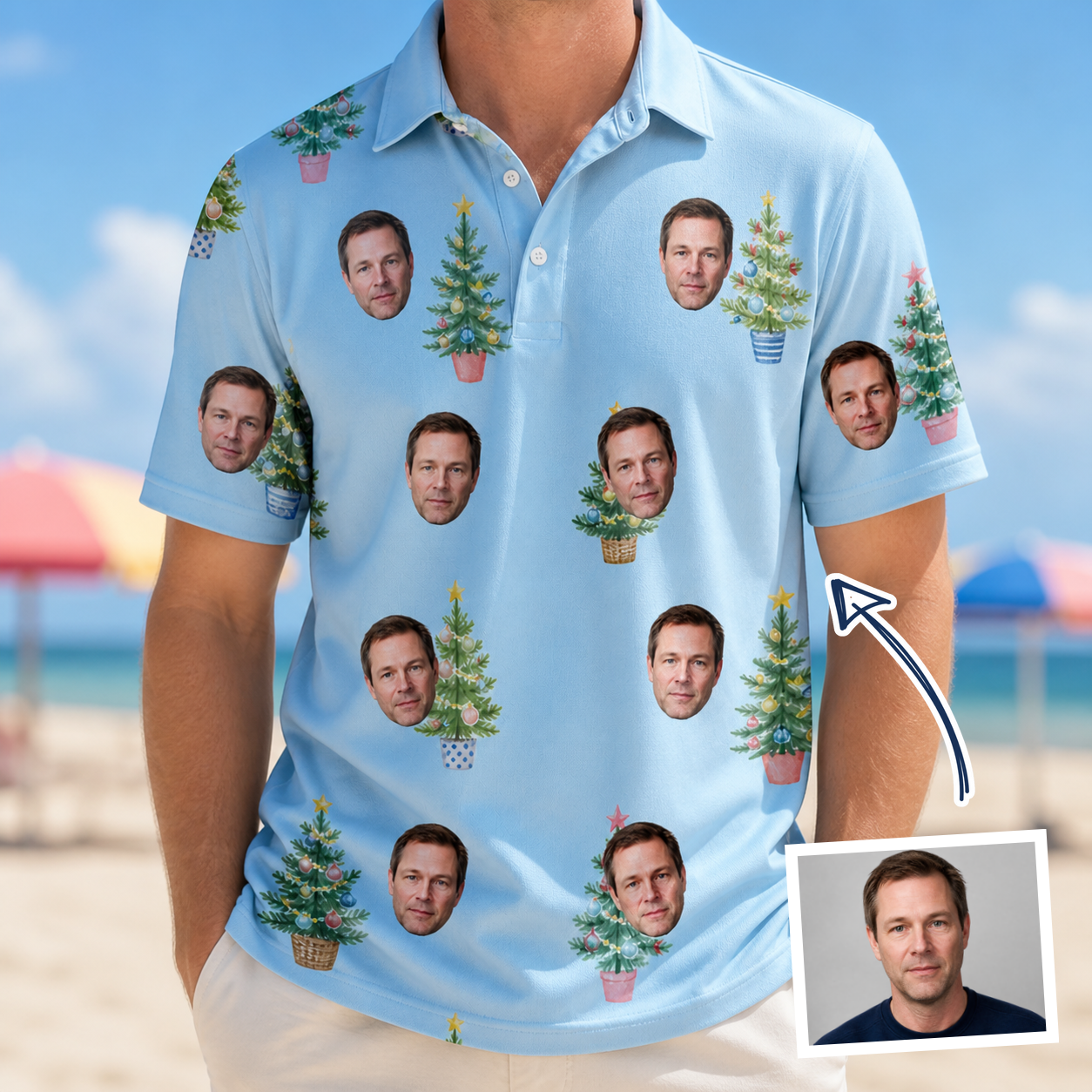 Man wearing Men's Spruce Spectacle Custom Face Polo Shirt — custom faces printed all-over