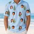 Model wearing Men's Spruce Spectacle Custom Face Polo Shirt printed with kids' faces