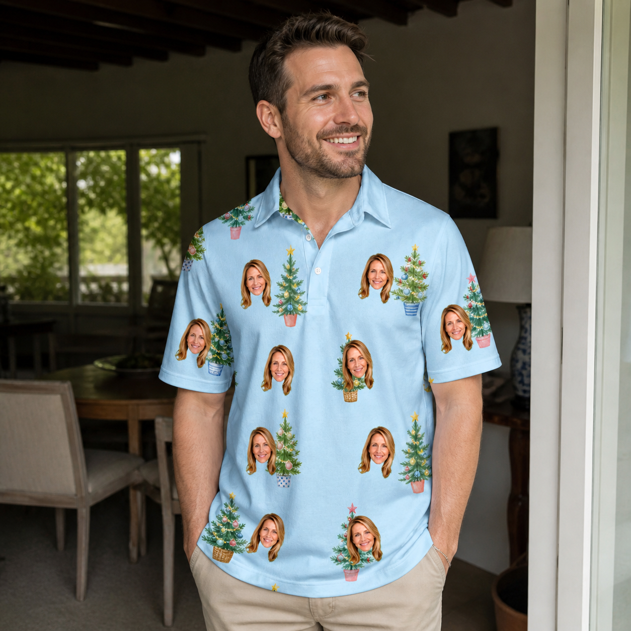 Real-life photo of someone wearing Men's Spruce Spectacle Custom Face Polo Shirt — custom faces printed all-over