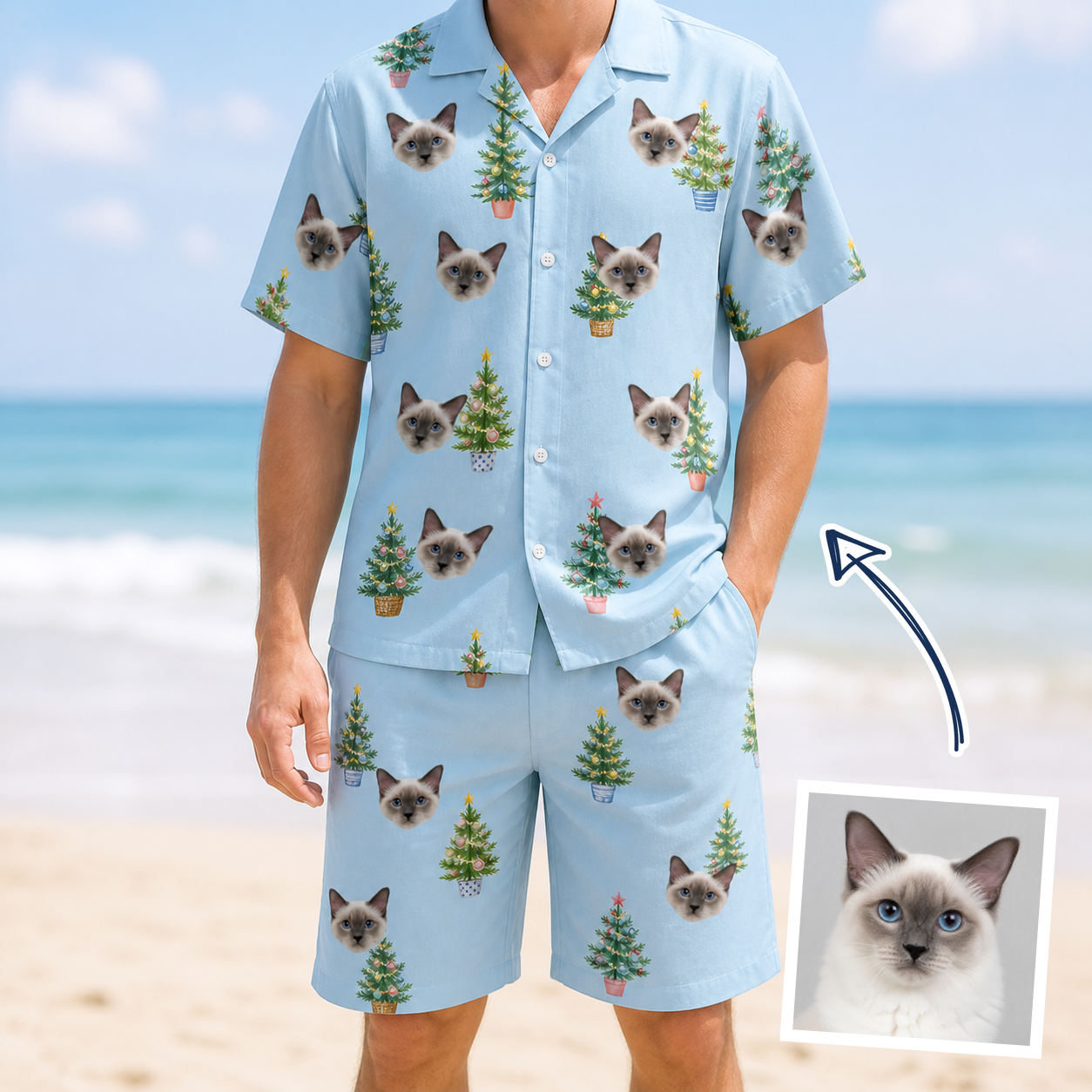 Man wearing Men's Spruce Spectacle Custom Cat Face Shirt & Shorts Set — custom faces printed all-over