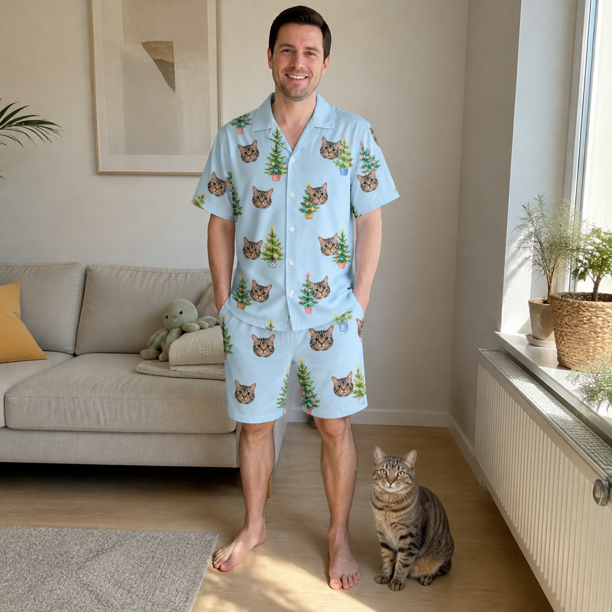 Full-length photo with the pet printed all over this Men's Spruce Spectacle Custom Cat Face Shirt & Shorts Set