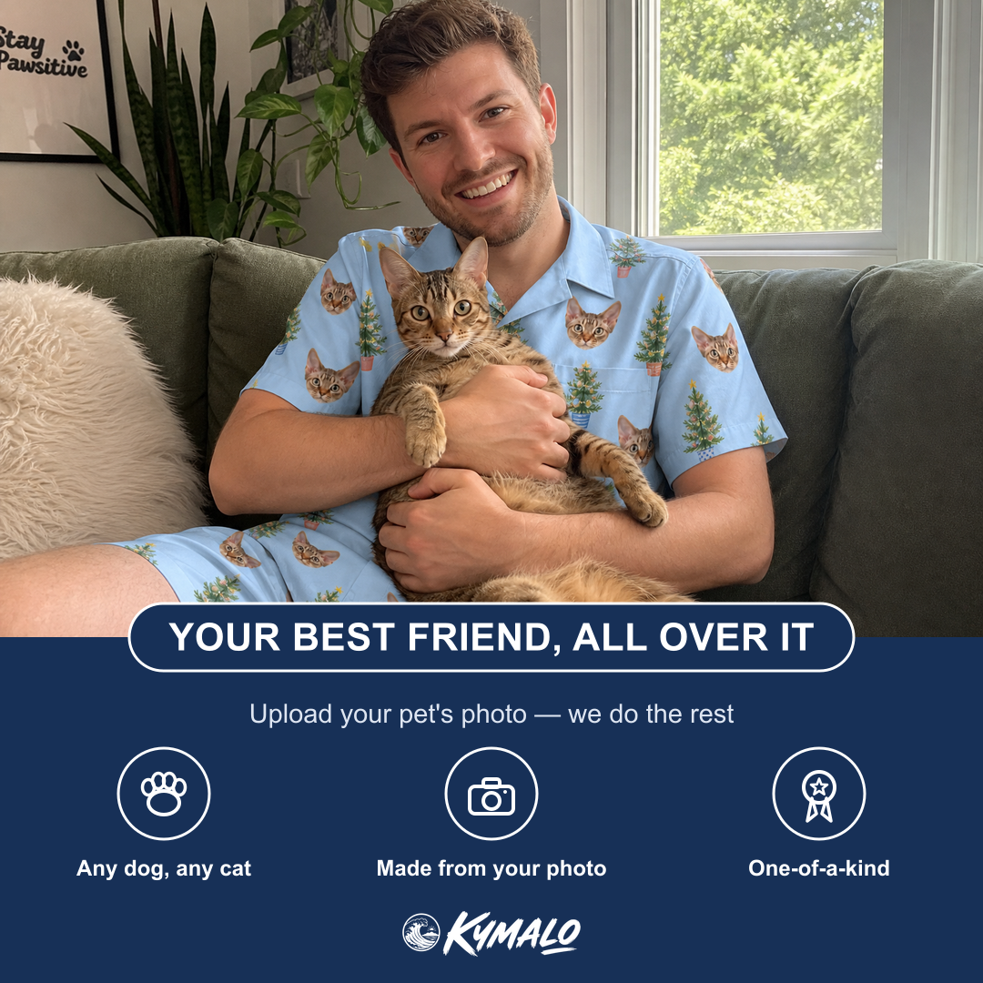 Friends in matching Men's Spruce Spectacle Custom Cat Face Shirt & Shorts Set — a group gift photo