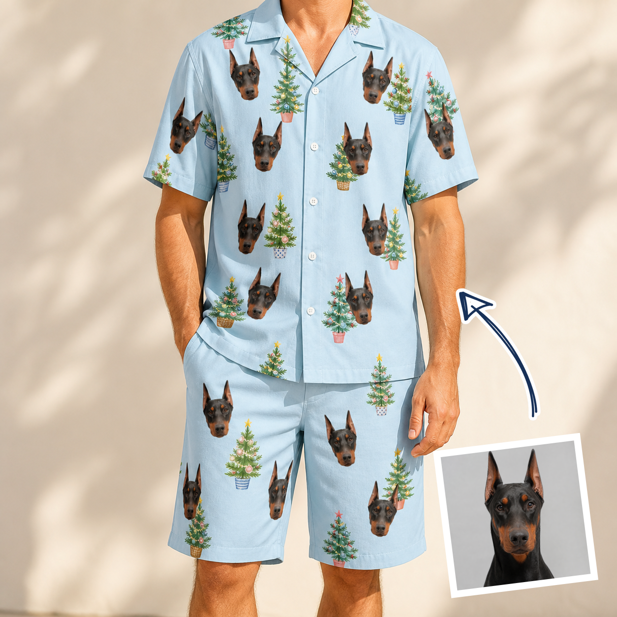 Man wearing Men's Spruce Spectacle Custom Dog Face Shirt & Shorts Set — custom faces printed all-over