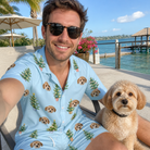 Selfie with the pet whose face is printed all over this Men's Spruce Spectacle Custom Dog Face Shirt & Shorts Set