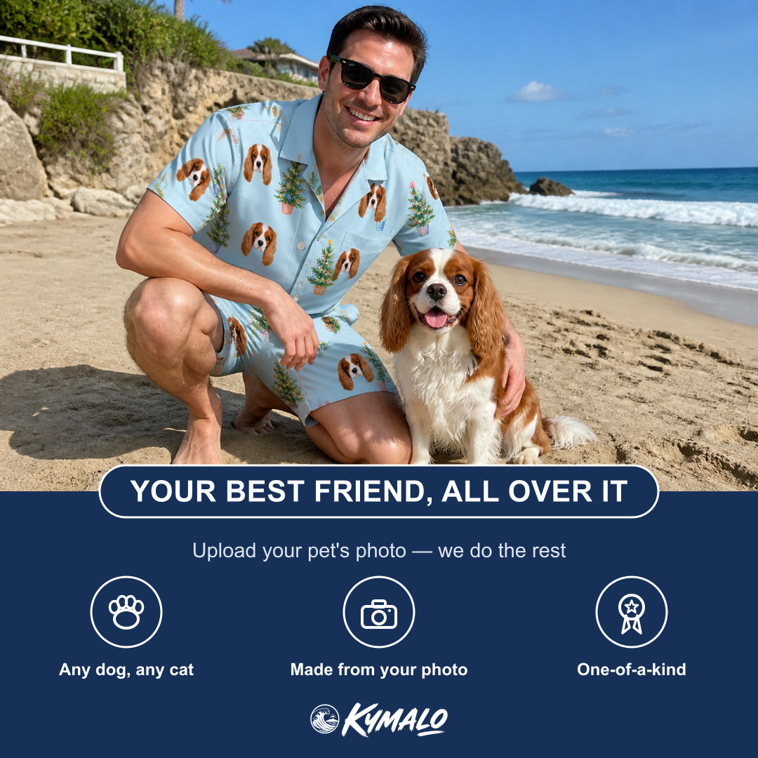 Friends in matching Men's Spruce Spectacle Custom Dog Face Shirt & Shorts Set — a group gift photo
