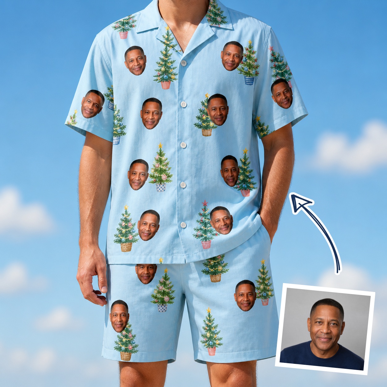 Man wearing Men's Spruce Spectacle Custom Face Shirt & Shorts Set — custom faces printed all-over