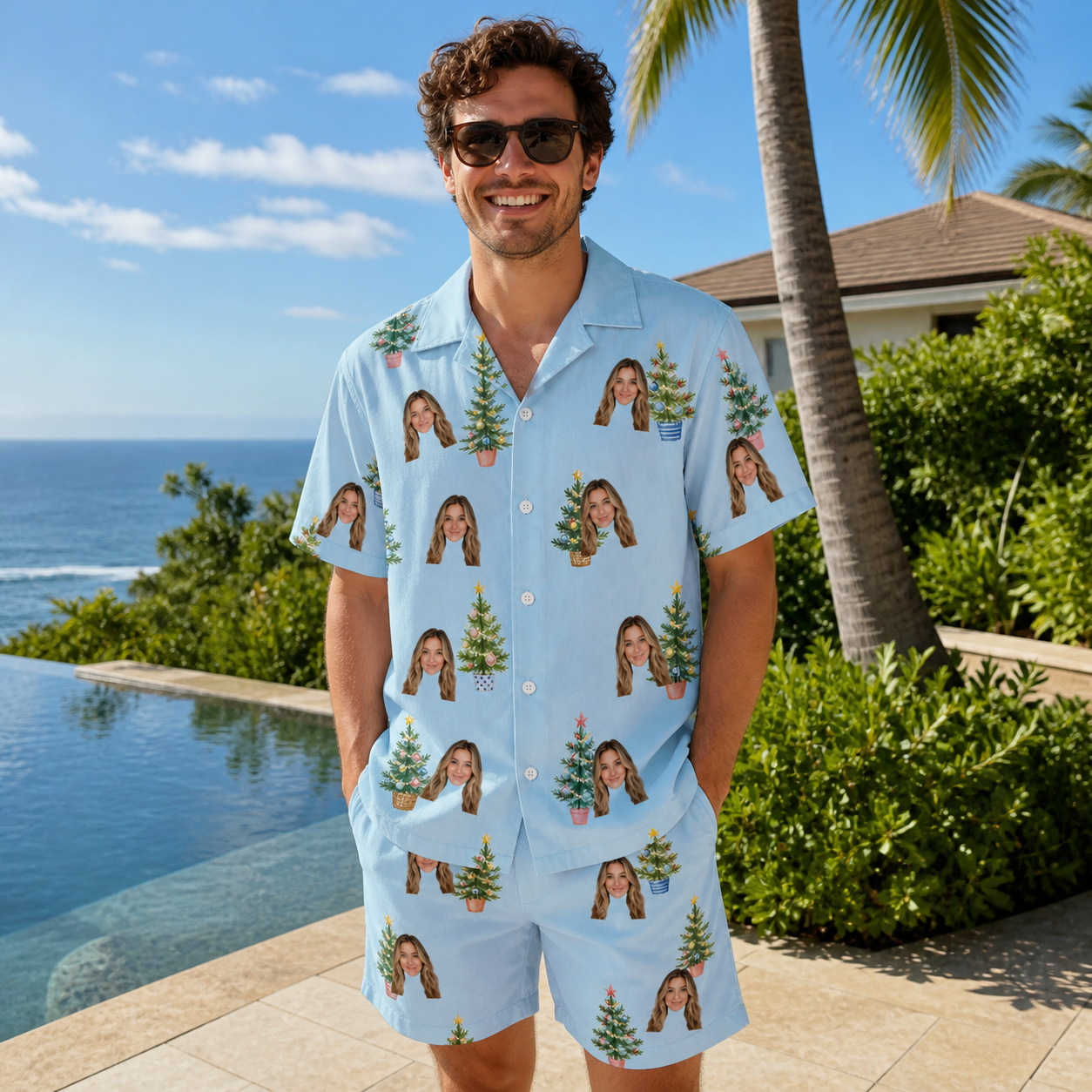 Real-life photo of someone wearing Men's Spruce Spectacle Custom Face Shirt & Shorts Set — custom faces printed all-over