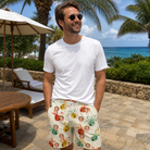 Real-life photo of someone wearing Men's Sleigh Bells Custom Face Beach Shorts — custom faces printed all-over
