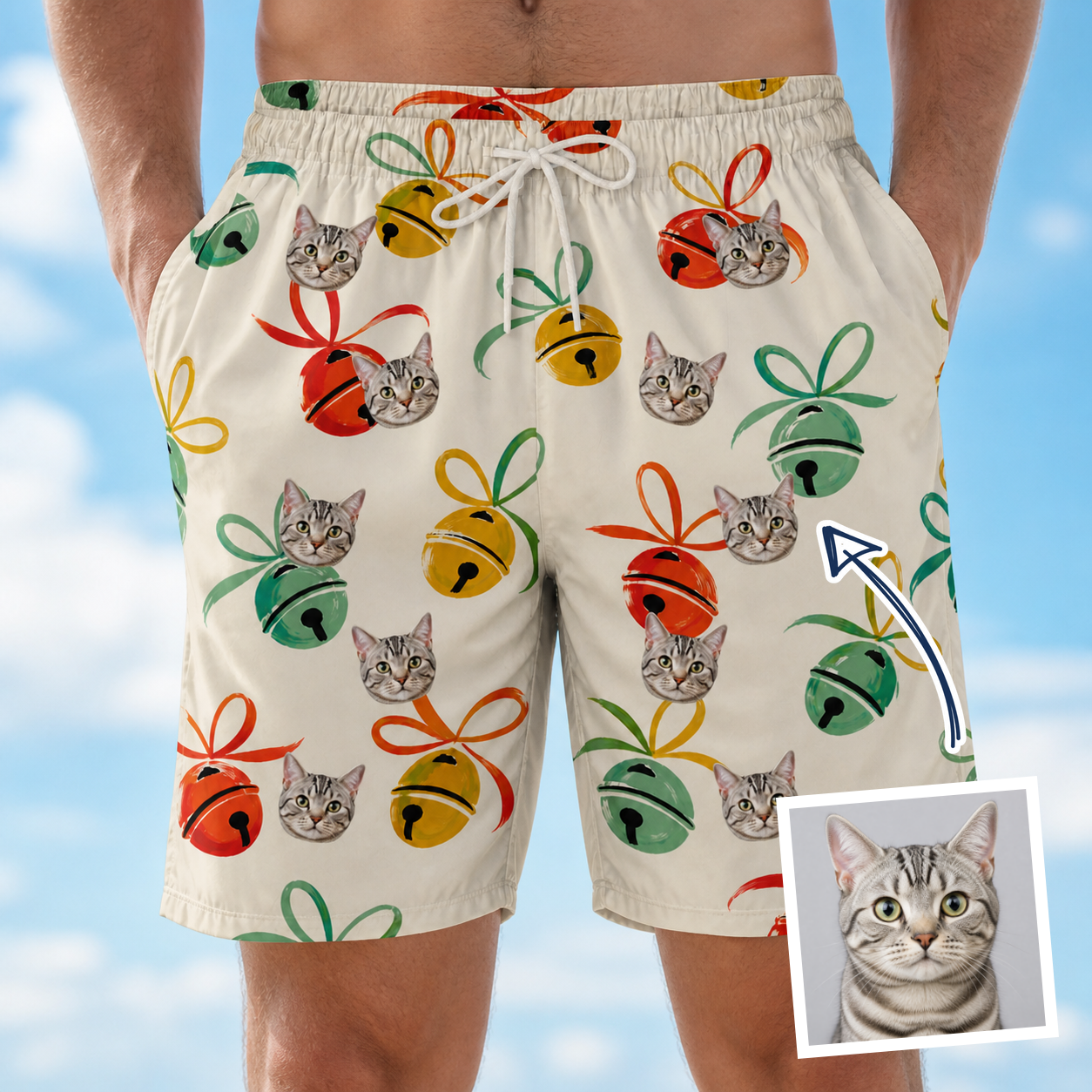 Man wearing Men's Sleigh Bells Custom Cat Face Beach Shorts — custom faces printed all-over