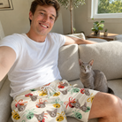 Selfie with the pet whose face is printed all over this Men's Sleigh Bells Custom Cat Face Beach Shorts