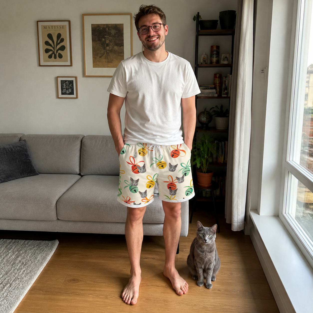 Full-length photo with the pet printed all over this Men's Sleigh Bells Custom Cat Face Beach Shorts