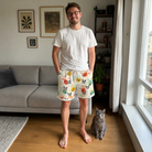 Full-length photo with the pet printed all over this Men's Sleigh Bells Custom Cat Face Beach Shorts