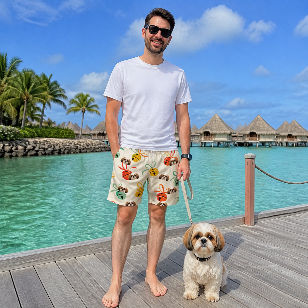 Full-length photo with the pet printed all over this Men's Sleigh Bells Custom Dog Face Beach Shorts