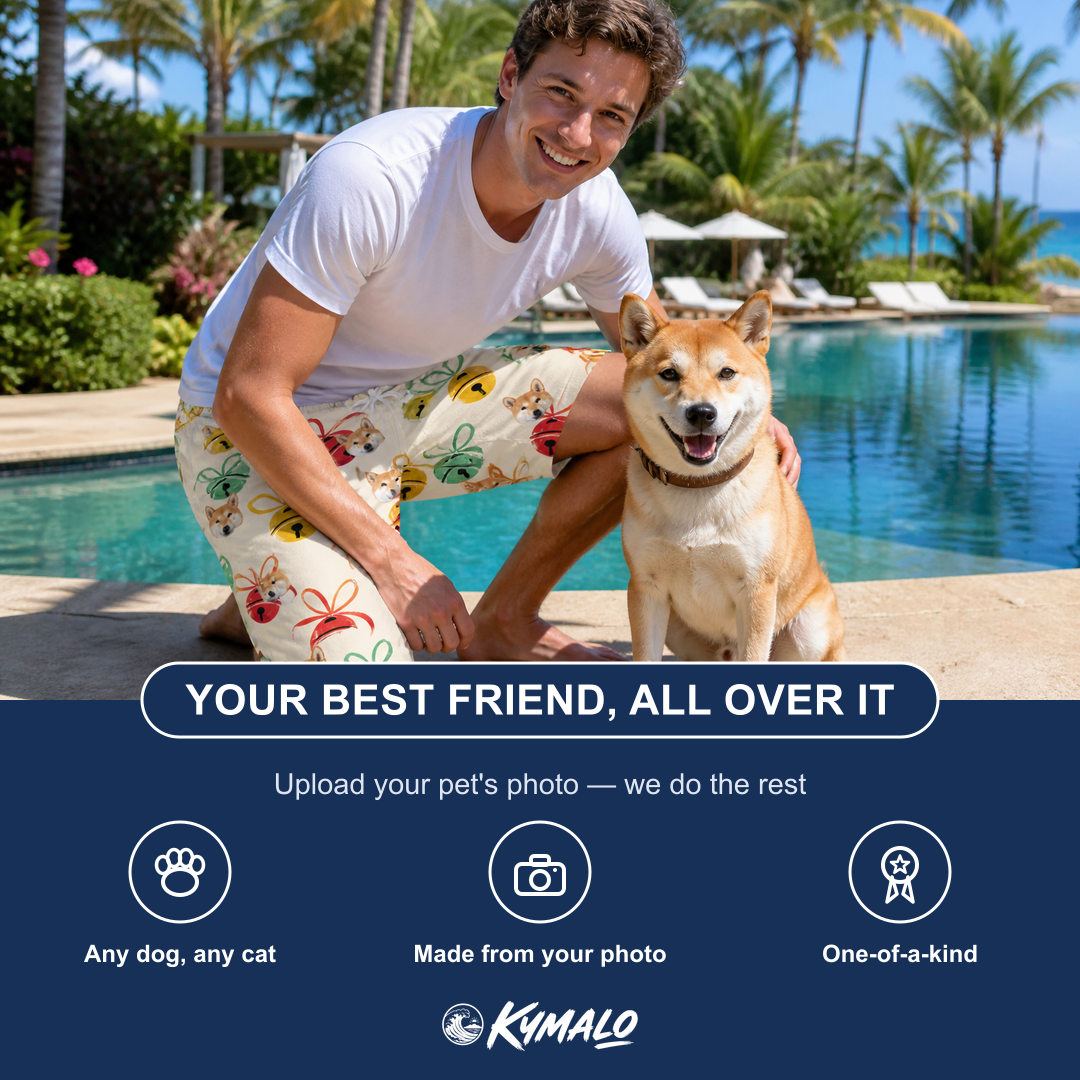 Friends in matching Men's Sleigh Bells Custom Dog Face Beach Shorts — a group gift photo