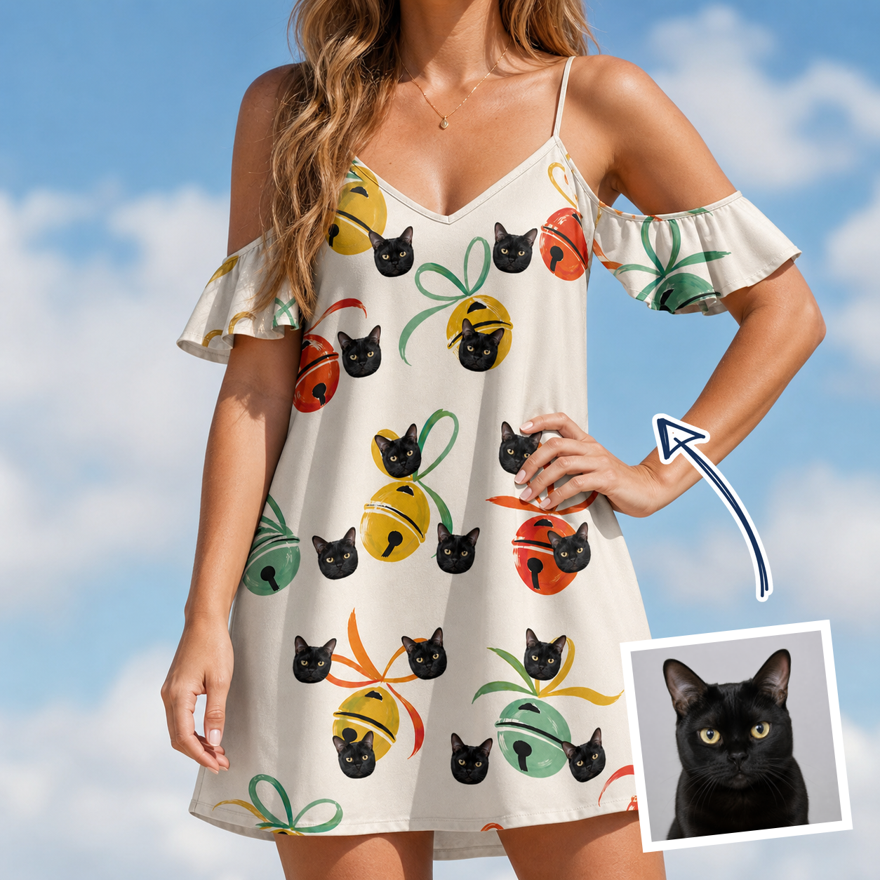 Woman wearing Women's Sleigh Bells Custom Cat Face Off-Shoulder Dress — custom faces printed all-over