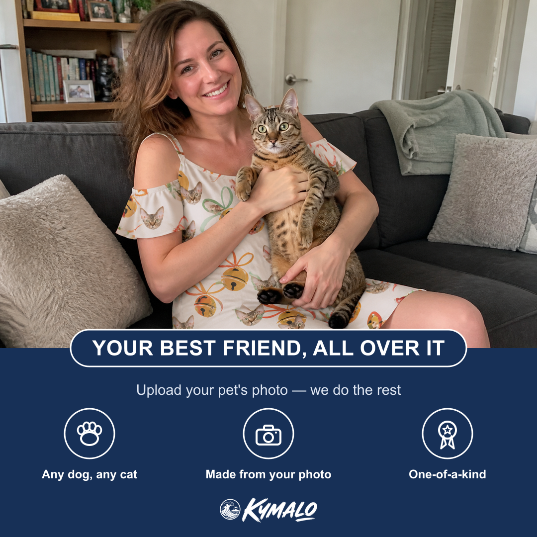 Friends in matching Women's Sleigh Bells Custom Cat Face Off-Shoulder Dress — a group gift photo