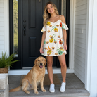 Full-length photo with the pet printed all over this Women's Sleigh Bells Custom Dog Face Off-Shoulder Dress