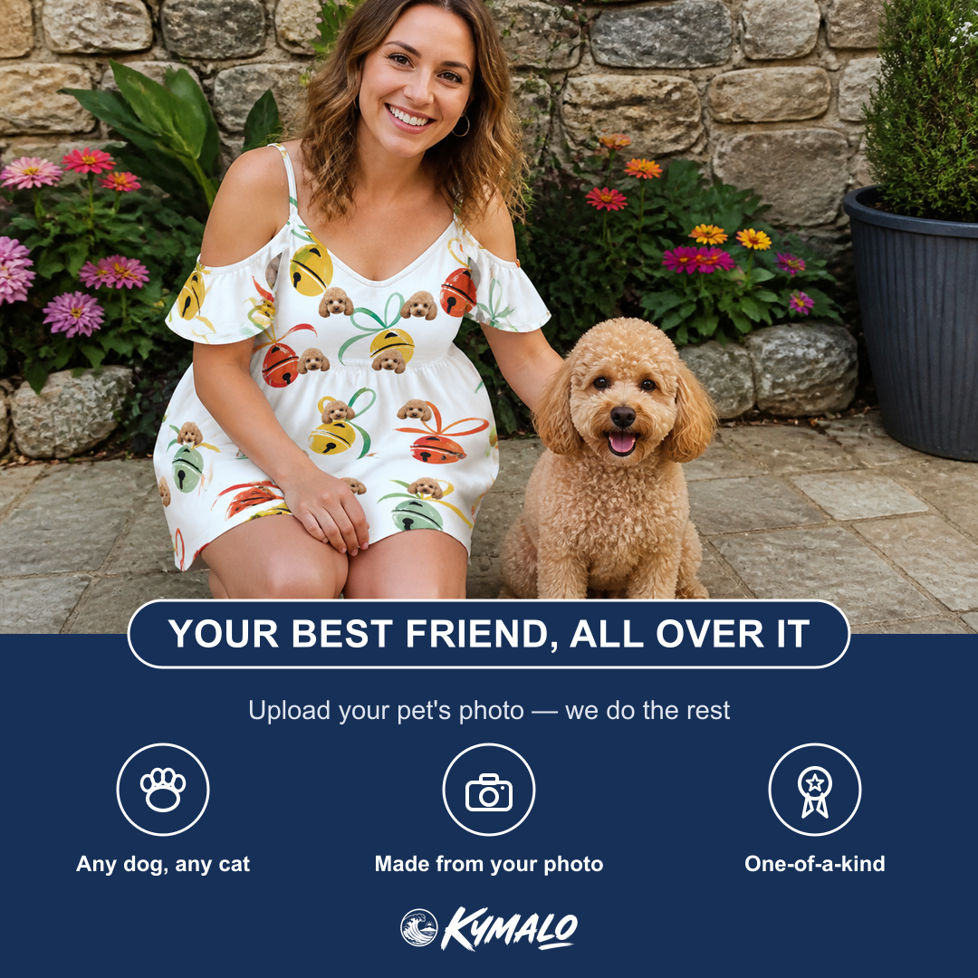 Friends in matching Women's Sleigh Bells Custom Dog Face Off-Shoulder Dress — a group gift photo