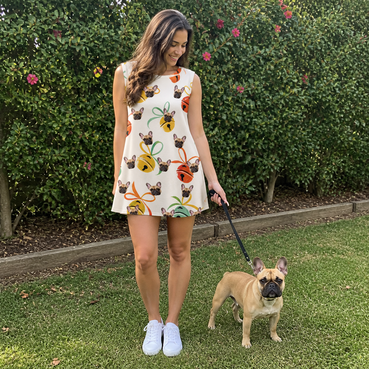 Full-length photo with the pet printed all over this Women's Sleigh Bells Custom Dog Face Tank Dress