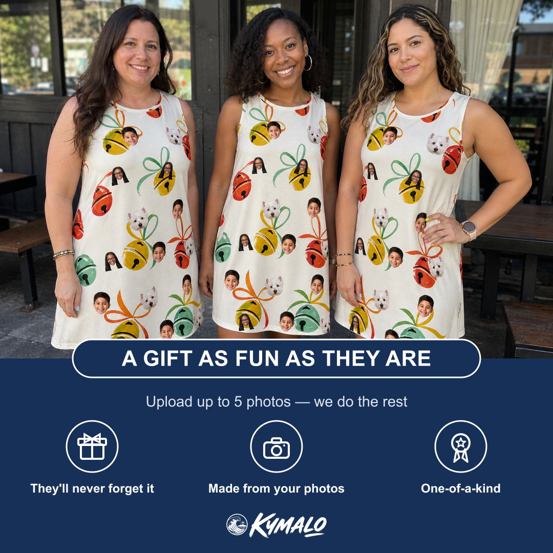 Friends in matching Women's Sleigh Bells Custom Face Tank Dress — a group gift photo